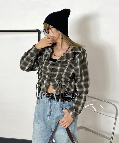 non-hedge(ノンヘッジ)の「ドロストショート丈チェックシャツ(シャツ/ブラウス・レディース・オフホワイト/ブラック/カーキ/ブルー/チャコール・FREE)」の11枚目の写真