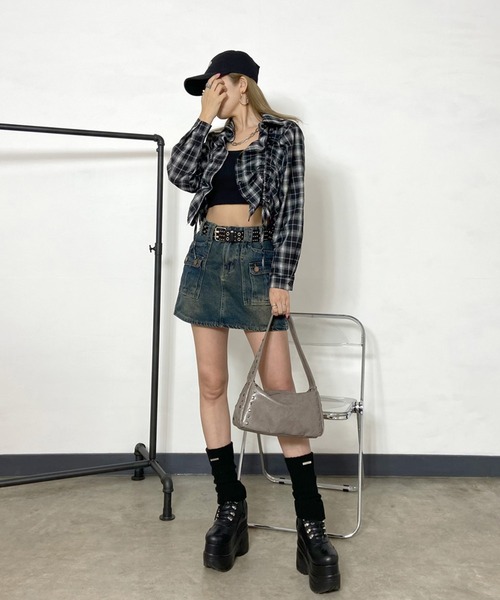 non-hedge(ノンヘッジ)の「ドロストショート丈チェックシャツ(シャツ/ブラウス・レディース・オフホワイト/ブラック/カーキ/ブルー/チャコール・FREE)」の15枚目の写真