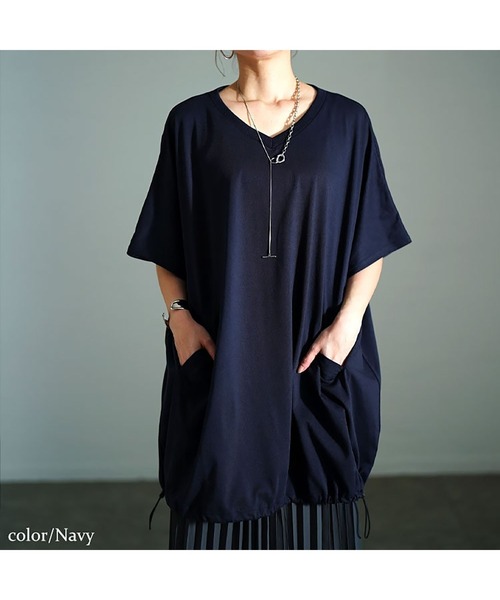 GOLDJAPAN(ゴールドジャパン)の「Vネック裾ドロストドルマンチュニック【大きいサイズ対応】(チュニック・レディース・ブラック/グリーン/ネイビー/杢グレー・LL~3L/4L~5L)」の14枚目の写真