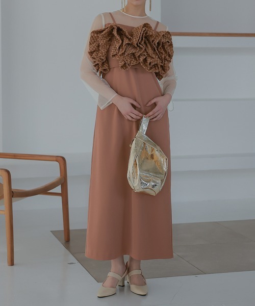 Callarus(カラルス)の「カットジャガードビスチェデザインワンピースドレス〔Callarus〕(ドレス・レディース・ブラック/ブラック系その他/モカ・M/L)」の3枚目の写真