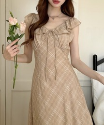 Ada.（エイダ）の「フリルカラー リボン 胸元切り替え チェック フレアワンピース（ワンピース）」