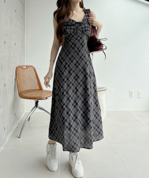 セール】フリルカラー リボン 胸元切り替え チェック フレアワンピース