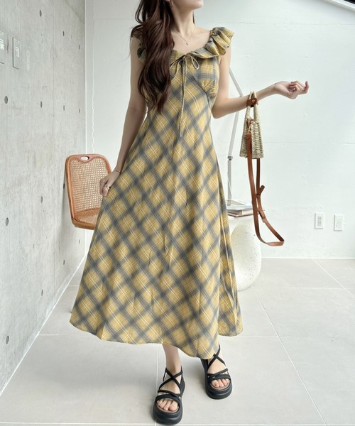 セール】フリルカラー リボン 胸元切り替え チェック フレアワンピース