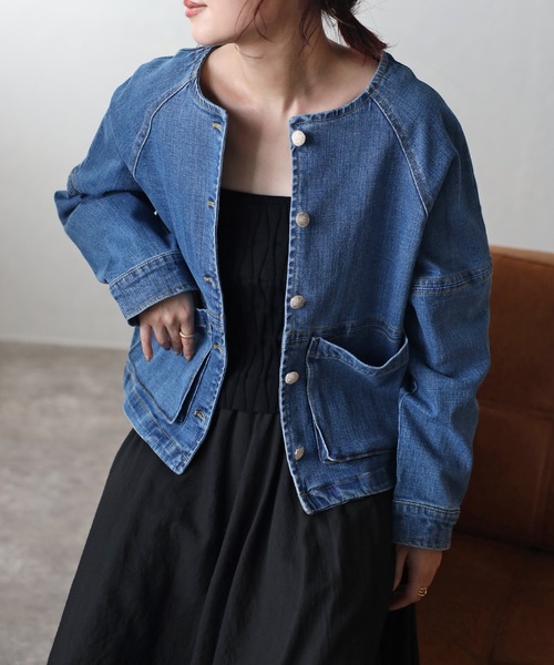 値下げ！【美品】pa・se・ri デニムジャケット ノーカラー 長袖 リボン 紺 美品】pa・se・ri デニムジャケット ノーカラー 長袖 リボン 紺