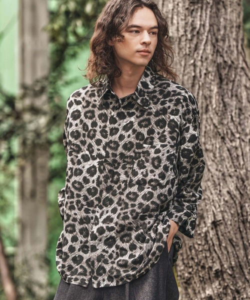 CAMBIO(カンビオ)の「ms6056-Leopard and Dobby Jacquard Fly Front 3-4 Sleeve Shirts 七分袖シャツ(シャツ/ブラウス・メンズ・キャメル/チャコール・S/M/L)」の4枚目の写真