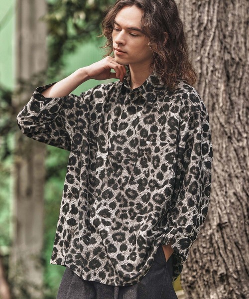 CAMBIO(カンビオ)の「ms6056-Leopard and Dobby Jacquard Fly Front 3-4 Sleeve Shirts 七分袖シャツ(シャツ/ブラウス・メンズ・キャメル/チャコール・S/M/L)」の5枚目の写真