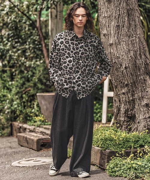 CAMBIO(カンビオ)の「ms6056-Leopard and Dobby Jacquard Fly Front 3-4 Sleeve Shirts 七分袖シャツ(シャツ/ブラウス・メンズ・キャメル/チャコール・S/M/L)」の9枚目の写真