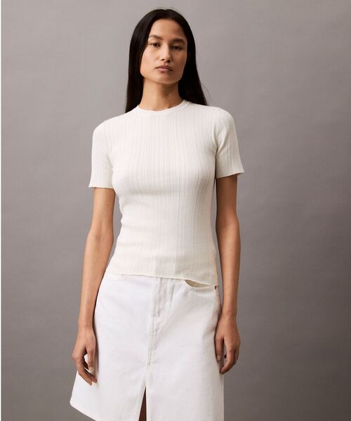 Calvin Klein(カルバン・クライン)の「コットンリブ ショートスリーブ プルオーバー(ニット/セーター・レディース・オフホワイト/ブラック系その他・XS/S/XXS)」の1枚目の写真