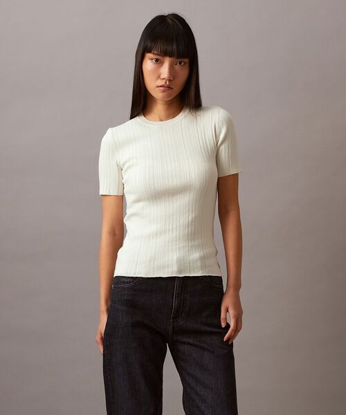 Calvin Klein(カルバン・クライン)の「コットンリブ ショートスリーブ プルオーバー(ニット/セーター・レディース・オフホワイト/ブラック系その他・XS/S/XXS)」の12枚目の写真