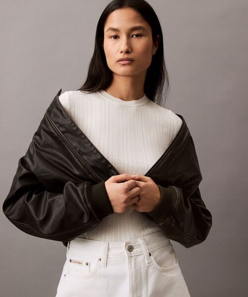 Calvin Klein(カルバン・クライン)の「コットンリブ ショートスリーブ プルオーバー(ニット/セーター・レディース・オフホワイト/ブラック系その他・XS/S/XXS)」の7枚目の写真