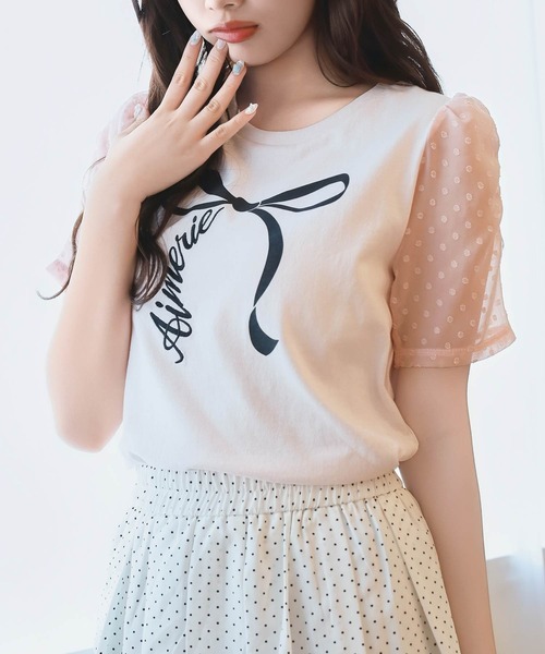 【ねむりひめ様】エポカ　シフォン　シースルー　パフスリーブ　半袖　Tシャツ シフォンブラウス シャツブラウス レディース 無地 長袖 肩あき