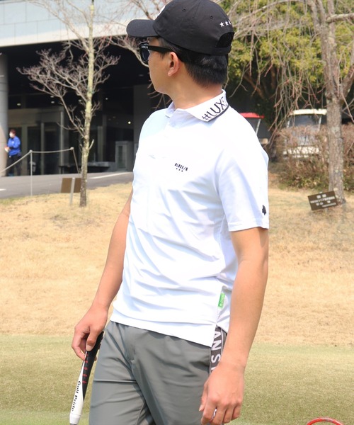 LUXE/R GOLF(ラグジュ ゴルフ)の「(RM)【LUXE/R GOLF】COOL & DRY ストレッチ スムース ロゴ ジャガード ポロシャツ(ポロシャツ・メンズ・オフホワイト/チャコールグレー/ネイビー・M/L/XL)」の6枚目の写真