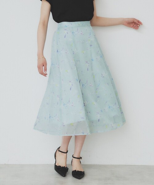 フレアスカート セール】シアーフラワーフレアスカート【洗濯機洗い可】（スカート