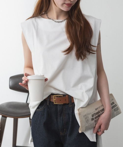 RCD(アールシーディー)の「肩タックノースリーブボートネックTシャツ(Tシャツ/カットソー・レディース・ブラック/グレイッシュベージュ/オフホワイト/チャコールグレー・M-L/LL~3L/4L~5L)」の1枚目の写真