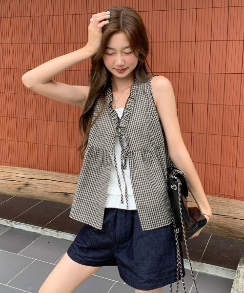 セール】【Y2Kガーリー】フリルチェック柄リボンベスト（ノースリーブ