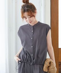 リネンライク裾ドロストブラウス