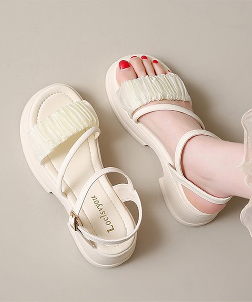 セール】異素材 ギャザー チューブ ストラップ 厚底 サンダル