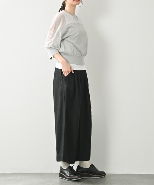 aunt lily（アントリリー）の「【速乾】レーヨン混シアーコンビ六分袖ニットプルオーバー｜ブラック ブルー ネイビー シルバー グレー シアーニット クルーネック ドロップショルダー 秋ニット レイヤード きれいめ（ニット/セーター・レディース・ブラック/ブルー系その他/シルバー・M/S/L/LL/3L）」の18枚目の写真