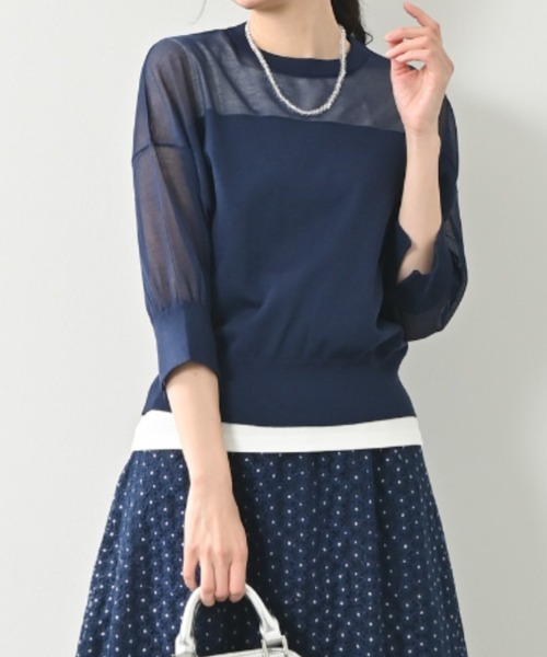aunt lily（アントリリー）の「【速乾】レーヨン混シアーコンビ六分袖ニットプルオーバー｜ブラック ブルー ネイビー シルバー グレー シアーニット クルーネック ドロップショルダー 秋ニット レイヤード きれいめ（ニット/セーター・レディース・ブラック/ブルー系その他/シルバー・M/S/L/LL/3L）」の8枚目の写真