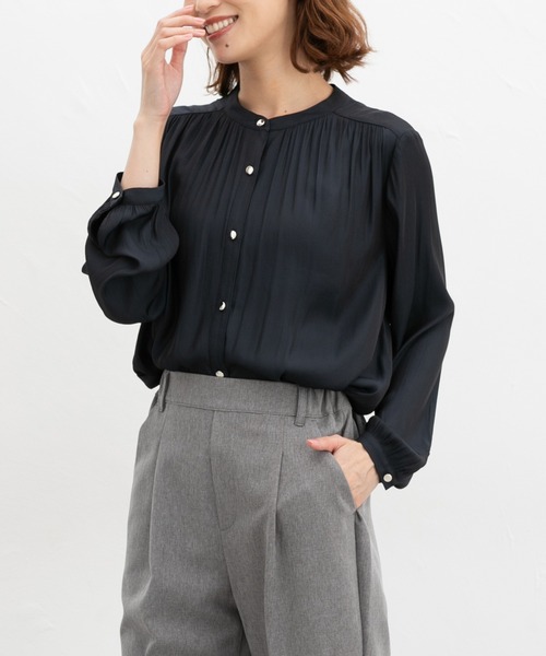 Honeys（ハニーズ）の「バンドカラーブラウス（シャツ/ブラウス・レディース・ホワイト/ワインレッド/ネイビー/ダークブルー/チャコール・L/M/S/LL/3L）」の4枚目の写真