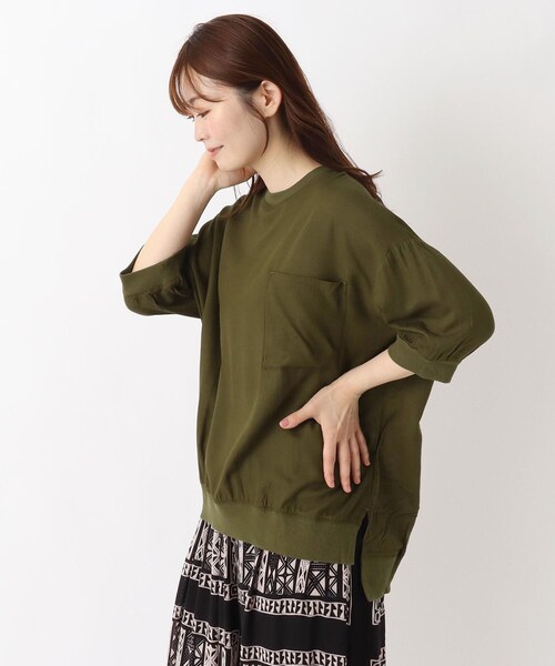 one'sterrace(ワンズテラス)の「リブコンビ 6分袖ブラウス(シャツ/ブラウス・レディース・ブラック系8/カーキ系5/キャメル・02)」の2枚目の写真