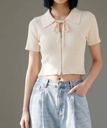 ダブルZIPリボン付き半袖リブニット