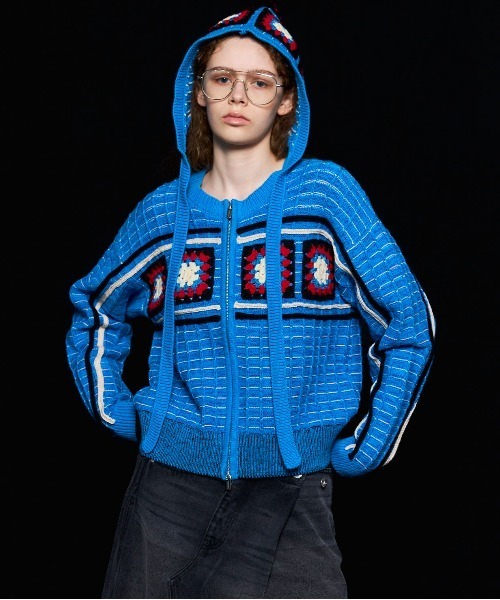 MAISON SPECIAL クロシェモチーフジップニットカーディガン 青 Crochet Motif Zip Knit Cardigan/クロシェモチーフジップニットカーデ