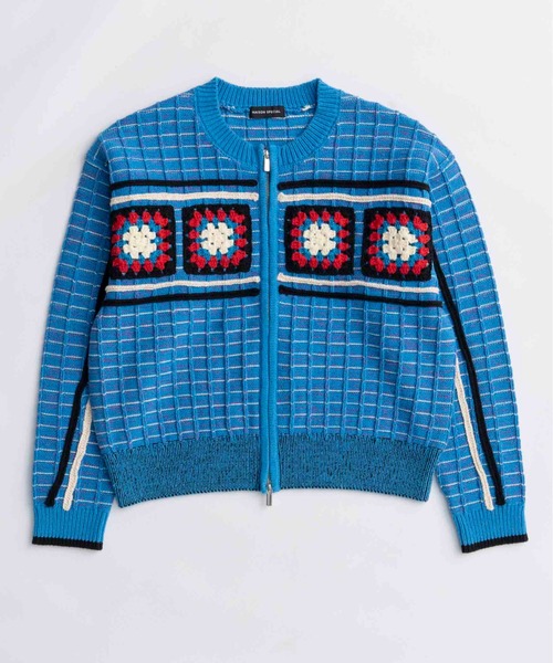 MAISON SPECIAL クロシェモチーフジップニットカーディガン 青 セール】Crochet Motif Zip Knit Cardigan/クロシェモチーフジップ