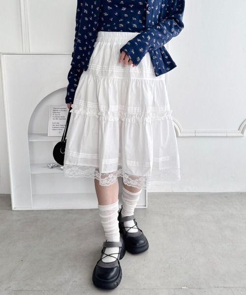 セール】コットンフリルレースミディスカート（スカート）｜Loueme