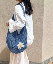 トートバッグ花モチーフ付き編みバッグ軽量