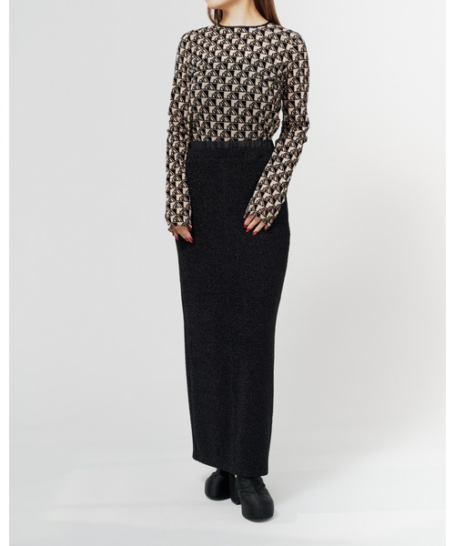 THINGS THAT MATTER（シングス ザット マター）の「MONOGRAM FLOCKY PRINT TULLE CROPPED TOPS / モノグラムフロッキープリントチュールクロップドトップス（Tシャツ/カットソー・レディース・ブラック×ホワイト/ベージュ/ブラック・FREE）」の6枚目の写真