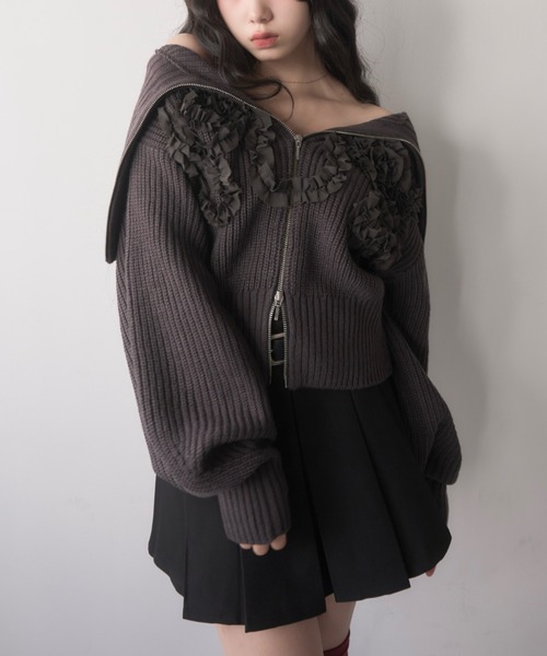 mellowneon（メロウネオン）の「シフォンデザイン3wayジップニット（ニット/セーター・レディース・グレー/アイボリー/チャコールグレー・FREE）」の3枚目の写真