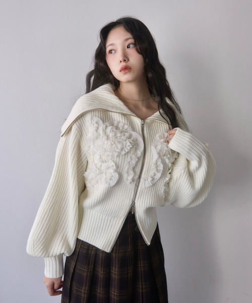 mellowneon（メロウネオン）の「シフォンデザイン3wayジップニット（ニット/セーター・レディース・グレー/アイボリー/チャコールグレー・FREE）」の2枚目の写真