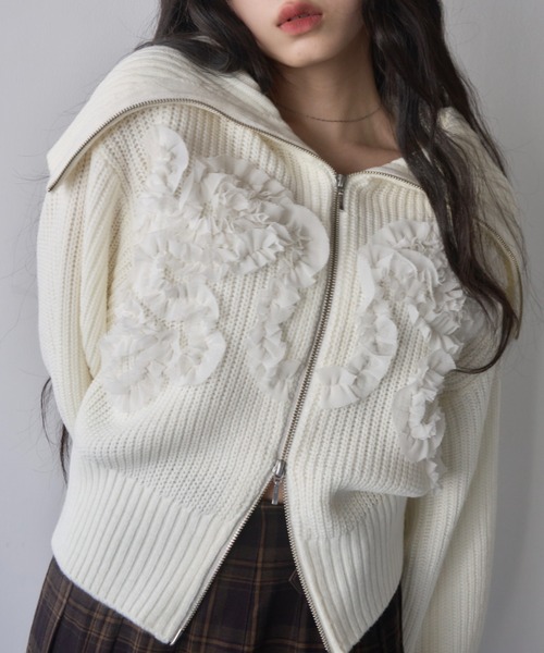 mellowneon（メロウネオン）の「シフォンデザイン3wayジップニット（ニット/セーター・レディース・グレー/アイボリー/チャコールグレー・FREE）」の12枚目の写真