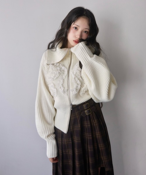 mellowneon（メロウネオン）の「シフォンデザイン3wayジップニット（ニット/セーター・レディース・グレー/アイボリー/チャコールグレー・FREE）」の11枚目の写真