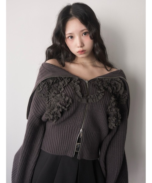 mellowneon（メロウネオン）の「シフォンデザイン3wayジップニット（ニット/セーター・レディース・グレー/アイボリー/チャコールグレー・FREE）」の14枚目の写真