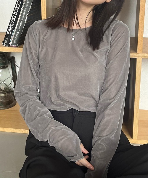 Rejoule（リジュール）の「フィンガーホールシアーベロアトップス（Tシャツ/カットソー・レディース・ブラック/ブラウン/グレー/アイボリー・FREE）」の4枚目の写真