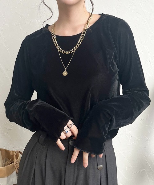 Rejoule（リジュール）の「フィンガーホールシアーベロアトップス（Tシャツ/カットソー・レディース・ブラック/ブラウン/グレー/アイボリー・FREE）」の3枚目の写真