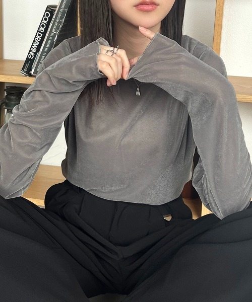 Rejoule（リジュール）の「フィンガーホールシアーベロアトップス（Tシャツ/カットソー・レディース・ブラック/ブラウン/グレー/アイボリー・FREE）」の13枚目の写真