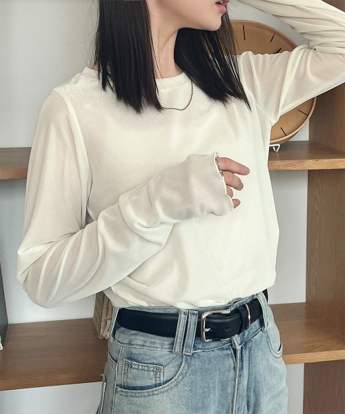 Rejoule（リジュール）の「フィンガーホールシアーベロアトップス（Tシャツ/カットソー・レディース・ブラック/ブラウン/グレー/アイボリー・FREE）」の5枚目の写真