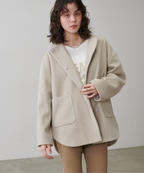 LARUTA(ラルータ)の「【LARUTA】ラウンドヘムニットメルトンコート(ノーカラーコート・レディース・ブラック/ミント/キャメル/ベージュ系その他・FREE)」の16枚目の写真