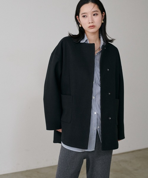 LARUTA(ラルータ)の「【LARUTA】ラウンドヘムニットメルトンコート(ノーカラーコート・レディース・ブラック/ミント/キャメル/ベージュ系その他・FREE)」の6枚目の写真