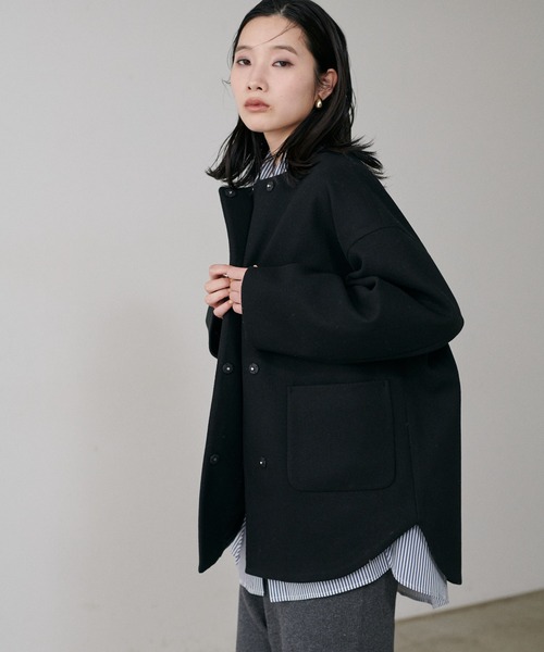 LARUTA(ラルータ)の「【LARUTA】ラウンドヘムニットメルトンコート(ノーカラーコート・レディース・ブラック/ミント/キャメル/ベージュ系その他・FREE)」の7枚目の写真