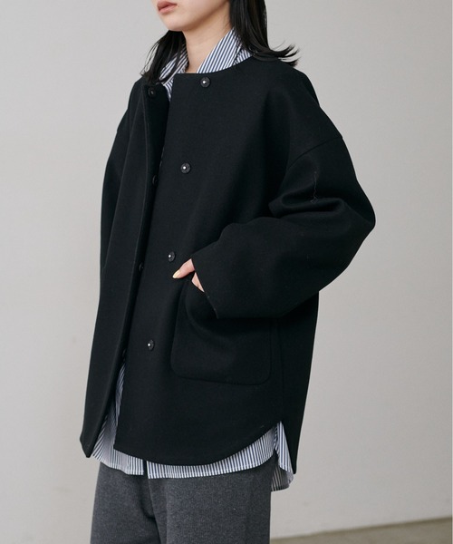 LARUTA(ラルータ)の「【LARUTA】ラウンドヘムニットメルトンコート(ノーカラーコート・レディース・ブラック/ミント/キャメル/ベージュ系その他・FREE)」の5枚目の写真