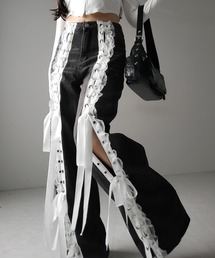 me+em select（ミームセレクト）の「サテンリボンレースアップワイドデニムパンツ ／ satin ribbon lace up wide denim pants（デニムパンツ）」