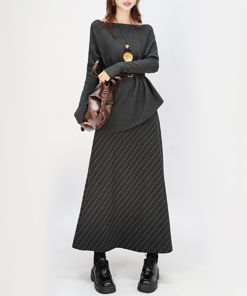 gossip!ロサンゼルス(ゴシップロサンゼルス)の「【サイズ展開あり】ウールライク ヴィンテージツイル厚手Aラインカジュアル ロングスカート【秋冬の韓国シンプルファッション】(スカート・レディース・ブラウン/ブラック・M/L)」の2枚目の写真