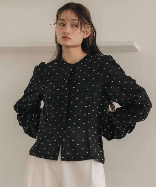 original】ドットシャーリング長袖ブラウス / シアートップス 水玉
