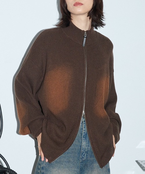 Anchor Smith（アンカー スミス）の「ヴィンテージライク スプレー加工 ダブルジップドライバーズニットジャケット（ニット/セーター・レディース・ブラウン/グレー/ブラック・L/M）」の3枚目の写真