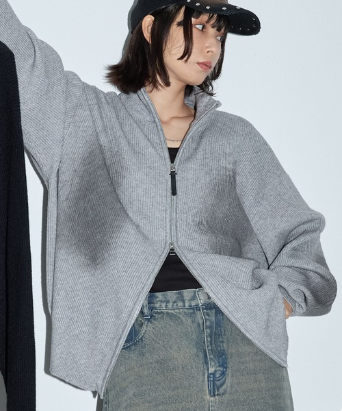 Anchor Smith（アンカー スミス）の「ヴィンテージライク スプレー加工 ダブルジップドライバーズニットジャケット（ニット/セーター・レディース・ブラウン/グレー/ブラック・L/M）」の2枚目の写真