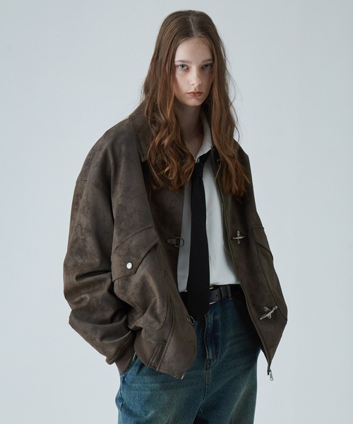 hooked vintage 購入　ブルゾン ブルゾン古着風バッグ英字刺繍フェイクスエード生地コーチジャケット